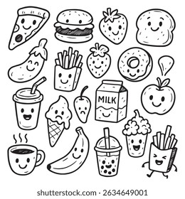 A collection of 18 hand-drawn doodles featuring various foods with smiling faces, including pizza, fries, drinks, fruits, vegetables, and desserts. The style is playful and cartoonish.
