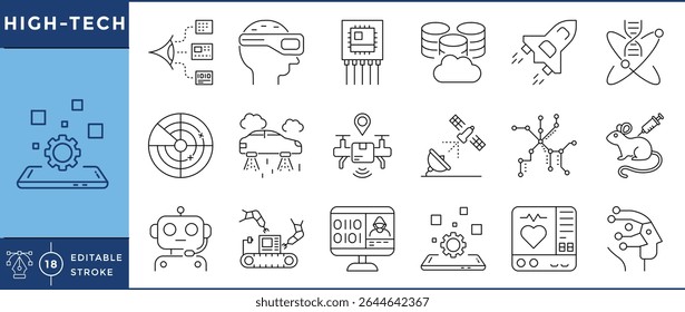 A collection of 18 high-tech line icons representing advanced technologies and innovations, including AI, virtual reality, robotics, satellites, biotech, drones, and cloud computing. 