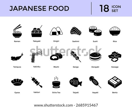 A collection of 18 icons representing various types of japanese food, including ramen, sushi, tempura, and mochi, designed in a minimalist style