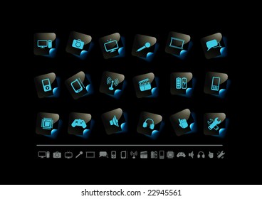 A collection of 18 media and technology icons.