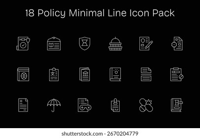 Colección de 18 iconos vectoriales de estilo de línea minimalista para políticas, diseñados para mayor claridad y versatilidad.