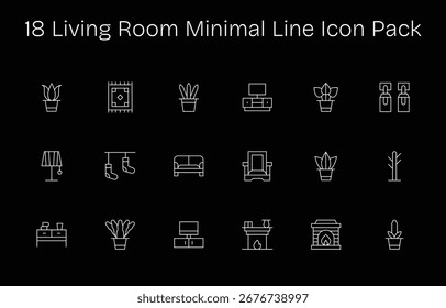 Colección de 18 iconos vectoriales de estilo minimalista de línea para sala de estar, diseñados para mayor claridad y versatilidad.