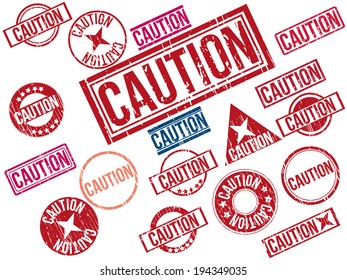 Collection of 18 red blue and pink grunge rubber stamps with text "CAUTION" . Vector illustration.