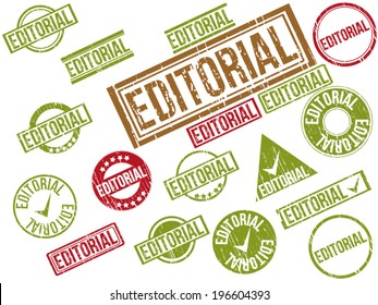 Collection of 18 red, brown and green grunge rubber stamps with text "EDITORIAL" . Vector illustration.