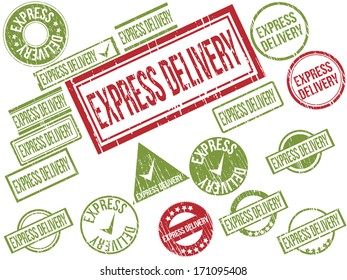 Collection of 18 red and green grunge rubber stamps with text "Express Delivery" . Vector illustration