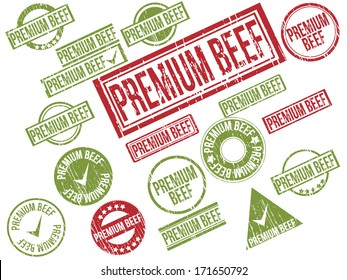 Collection of 18 red and green grunge rubber stamps with text "PREMIUM BEEF" . Vector illustration