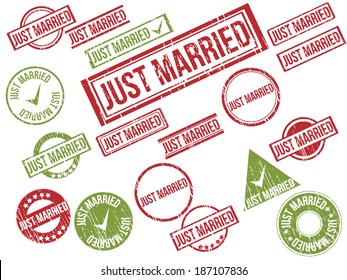 Collection of 18 red and green grunge rubber stamps with text "JUST MARRIED" . Vector illustration