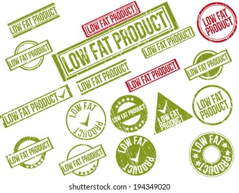Collection of 18 red and green grunge rubber stamps with text "LOW FAT PRODUCT" . Vector illustration.