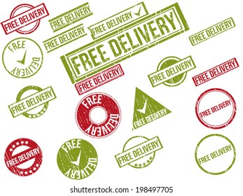 Collection of 18 red and green grunge rubber stamps with text "FREE DELIVERY" . Vector illustration.