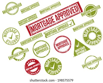 Collection of 18 red and green grunge rubber stamps with text "MORTGAGE APPROVED" . Vector illustration