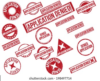 Collection of 18 red grunge rubber stamps with text "APPLICATION DENIED" . Vector illustration.