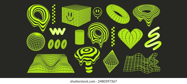 Collection of 18 trendy y2k neon green shape elements: cyberpunk wireframes and grids, abstract background, 3d elements, trendy patterns in psychedelic acid rave style. 