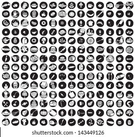 Collection of 196 food and kitchen doodled icons (vignette) on black background, in black-and-white. Individual illustrations are isolated and in eps8 vector mode.