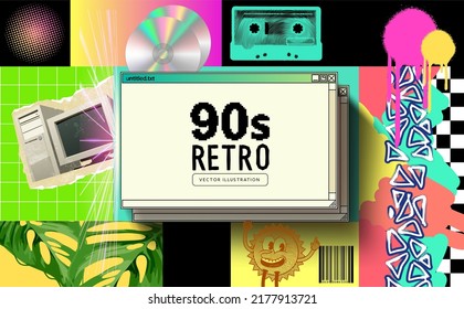 A collection of 1990s retro iconic objects, patterns and textures. Vector illustration