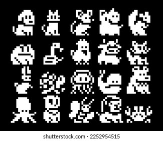 Collection of 1-bit style animal characters, cute funny animals and different creatures, pixel art icon, asset, symbol, logo and sticker for game, vector illustration isolated on black background.