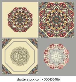 Collection of 2 cards and 2 seamless TILE  patterns. Round ornament