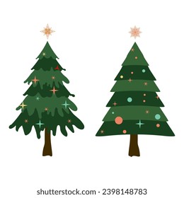 Collection of 2 Christmas trees in different styles. Green Christmas Trees vector illustration on white background