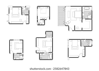 Collection of 2 dimension bedroom and bath room set of interior design plan, lines black on white background. 