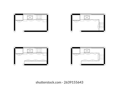 Collection 2 dimension floor plan design of kitchen, line black isolated on white background. Set 13