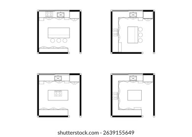 Collection 2 dimension floor plan design of kitchen, line black isolated on white background. Set 14