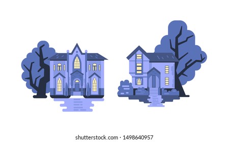 Collection of 2 gothic style haunted cottages. Halloween houses or creepy mansions and trees on background. Flat vector illustration