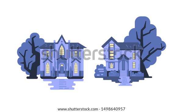 Collection 2 Gothic Style Haunted Cottages Stock Vector Royalty