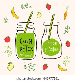 Collection of 2 hand drawn jars with smoothies, green detox. Organic fruit shake cocktail . Eco healthy ingredients. Vector illustration for restaurant, bar, menu.