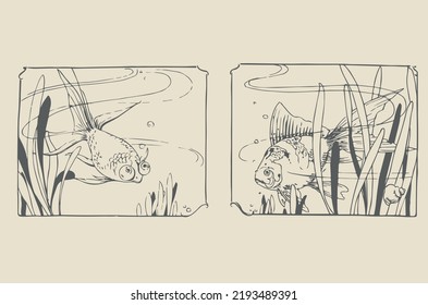 A collection of 2 pictures in which fish swim among the algae