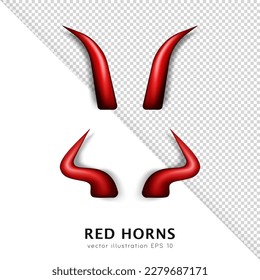 Collection of 2 realistic three dimensional devil horns. Red glossy daemon horns isolated on transparent background. Satan decoration, Monster carnival element. Vector illustration EPS 10