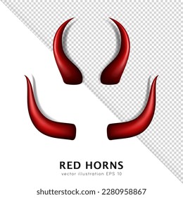 Collection of 2 realistic three dimensional devil horns. Red glossy daemon horns isolated on transparent background. Satan decoration, Monster carnival element. Vector illustration EPS 10