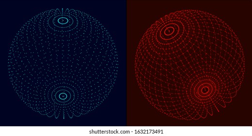 Collection of 2 shining colored spheres on dark space background. Wireframe vector illustrations. Global digital connections. Networks. Trendy abstract 3d grid design. Modern and technology concept.