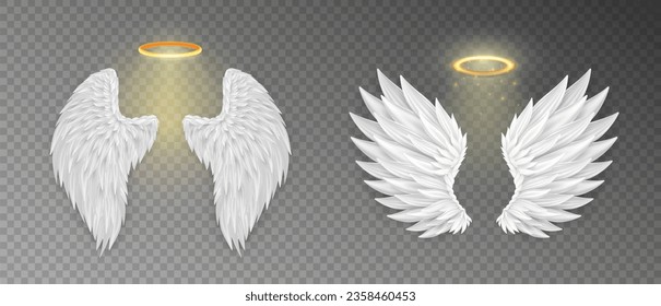 Collection of 2 three dimensional angel white wings and shiny nimbus. Masquerade, festival, carnival costume. Realistic vector saint aureole (halo) and wings isolated on transparent background