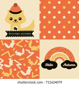 Collection of 2 vector seamless patterns and 2 Autumn themed posters, one reads Welcome Autumn and the other one Hello Autumn.