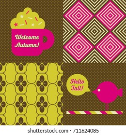Collection of 2 vector seamless patterns and 2 Autumn themed posters, one reads Welcome Autumn and the other one Hello Fall!