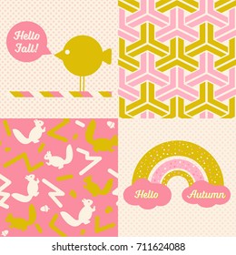 Collection of 2 vector seamless patterns and 2 Autumn themed posters, one reads Hello Autumn and the other one Hello Fall.