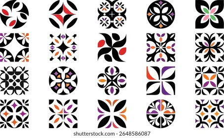 Collection of 20 Abstract Geometric Floral Patterns, Black, White, Purple, Orange, Red Tiles