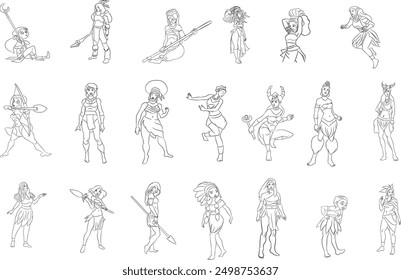 Collection of 20 Amazon women line drawings in EPS format. Perfect for creative projects, these high-quality, detailed illustrations capture the strength and elegance of Amazonian warrior women.