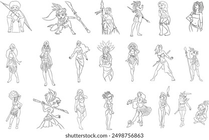 Collection of 20 Amazon women line drawings in EPS format. Perfect for creative projects, these high-quality, detailed illustrations capture the strength and elegance of Amazonian warrior women.