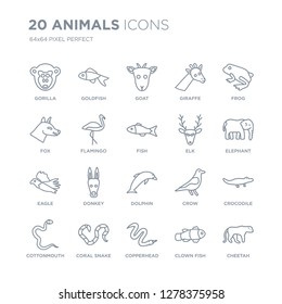 Collection of 20 animals linear icons such as Gorilla, Goldfish, copperhead, coral snake, cottonmouth, Frog, Elk, Dolphin line icons with thin line stroke, vector illustration of trendy icon set.