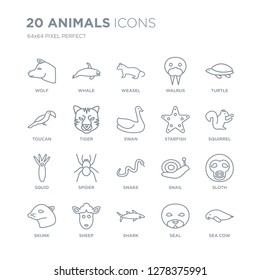 Collection of 20 animals linear icons such as Wolf, Whale, Shark, Sheep, skunk, Turtle, Starfish, Snake, Squid, Tiger line icons with thin line stroke, vector illustration of trendy icon set.