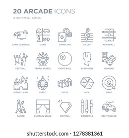 Collection of 20 Arcade linear icons such as Game console, Game, Crystal, curtain stage, dance, Foosball, Earphone, Dices line icons with thin line stroke, vector illustration of trendy icon set.