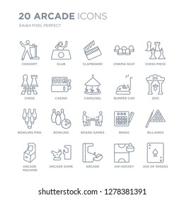 Collection of 20 Arcade linear icons such as Concert, Club, Arcade, game, Machine, Chess piece, Bumper car line icons with thin line stroke, vector illustration of trendy icon set.