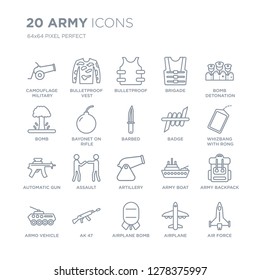 Collection of 20 Army linear icons such as Camouflage military clothing, Bulletproof Vest, Airplane Bomb, AK 47, Armo Vehicle line icons with thin line stroke, vector illustration of trendy icon set.
