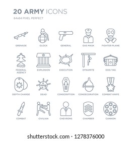 Collection of 20 Army linear icons such as Grenade, glock, chevrons, civilian, combat, fighter plane, Dynamite, conscription line icons with thin line stroke, vector illustration of trendy icon set.