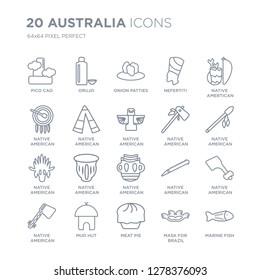 Collection of 20 Australia linear icons such as Pico cao, Orujo, Meat pie, Mud hut, Native American Axes line icons with thin line stroke, vector illustration of trendy icon set.