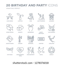 Collection of 20 Birthday and Party linear icons such as Love Birds, Lipstick, Engagement, Engagement ring, Eye mask, Jukebox line icons with thin line stroke, vector illustration of trendy icon set.