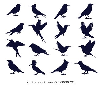  collection of 20 black bird silhouettes in various poses clipart