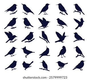  collection of 20 black bird silhouettes in various poses clipart