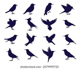  collection of 20 black bird silhouettes in various poses clipart