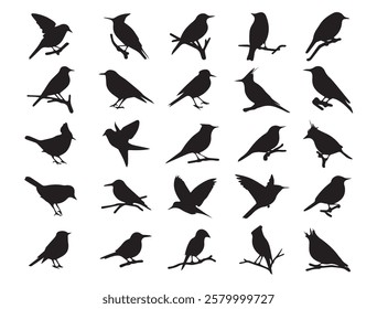  collection of 20 black bird silhouettes in various poses clipart